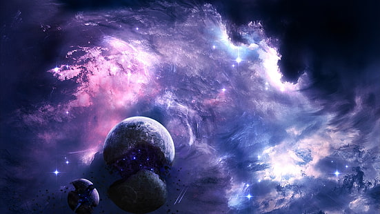 planet, alam semesta, seni ruang, nebula, ruang, seni fantasi, fiksi ilmiah, scifi, bintang, galaksi, ungu, fiksi ilmiah, disintegrasi, Wallpaper HD HD wallpaper