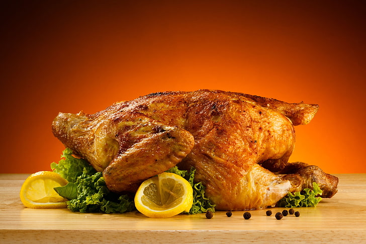 roasted chicken with lemon slices wallpaper, chicken, meat, grill, lemon, HD wallpaper