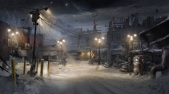 street wallpaper, The sky, Stars, Snow, The moon, Wire, Mountain, Posts, Light, Figures, Flags, The building, Weapons, Armor, Art, Dressing, Target, Technique, Isaac Clarke, Electronic Arts, Floodlight, Dead Space 3, The situation, John Carver, Dead Space, Visceral Games, Blizzard, Fencing, Pipe, HD wallpaper HD wallpaper