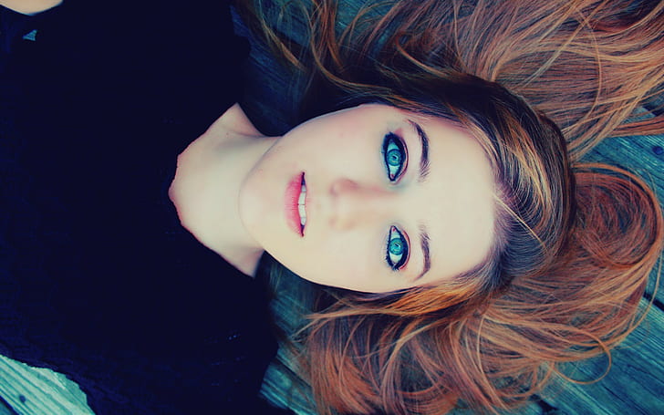 wanita, wajah, berambut cokelat, mata biru, berbaring, Wallpaper HD
