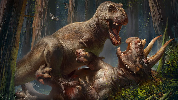 Tyrannosaurus rex, T-Rex, трицератопс, динозавры, доисторические животные, боевые действия, существо, HD обои