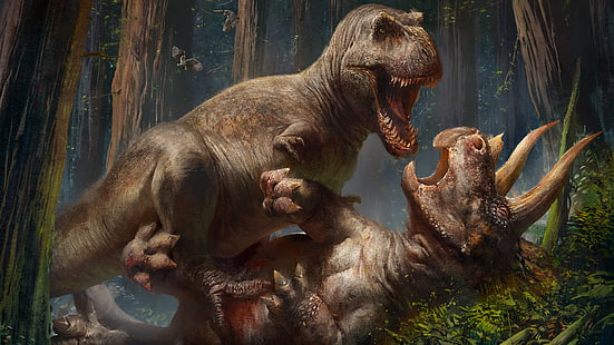 Tyrannosaurus rex, T-Rex, Triceratopo, dinosauri, preistorici, animali, combattimenti, creatura, Sfondo HD HD wallpaper
