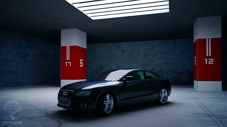 3D тапет за паркиране на автомобил HD, син Audi седан, HD тапет