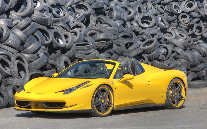 żółty kabriolet, żółty, tło, Ferrari, Włochy, supersamochód, 458, Italia, Spider, przód. opony, Novitec Rosso, Tapety HD