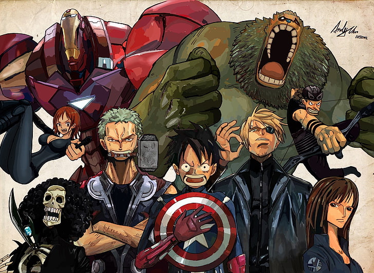 วอลล์เปเปอร์ดิจิตอล One Piece, One Piece, หมวกฟาง, The Avengers, Hulk, Thor, Iron Man, Monkey D.Luffy, Franky, Tony Tony Chopper, Nami, Nico Robin, Sanji, Usopp, Captain America, Brook, Black Widow, crossover, วอลล์เปเปอร์ HD