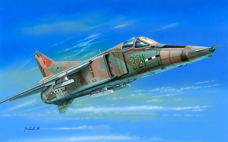 зелена и кафява илюстрация на боен самолет, самолет, боец, изкуство, бомбардировач, МиГ, Би Би Си, ОКБ, Съветски, на Съветския съюз., Микоян, Гуревич, комплекс, разработчик, аналог, Сокол-23, прицелване, навигация, оборудван с , 23B, HD тапет