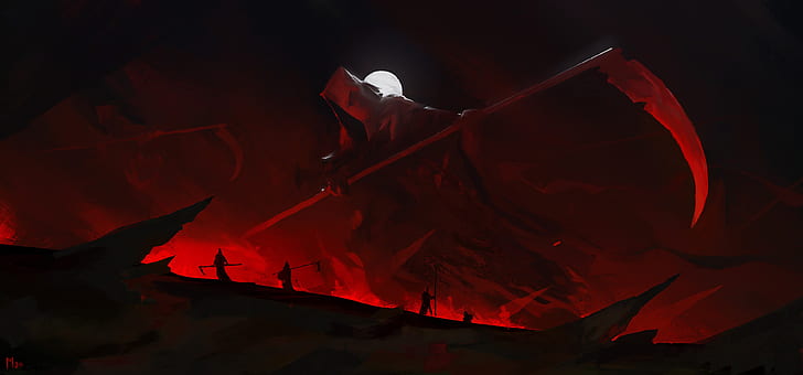scythe, reaper, digital art, artwork, ilustration, dark, red, HD wallpaper