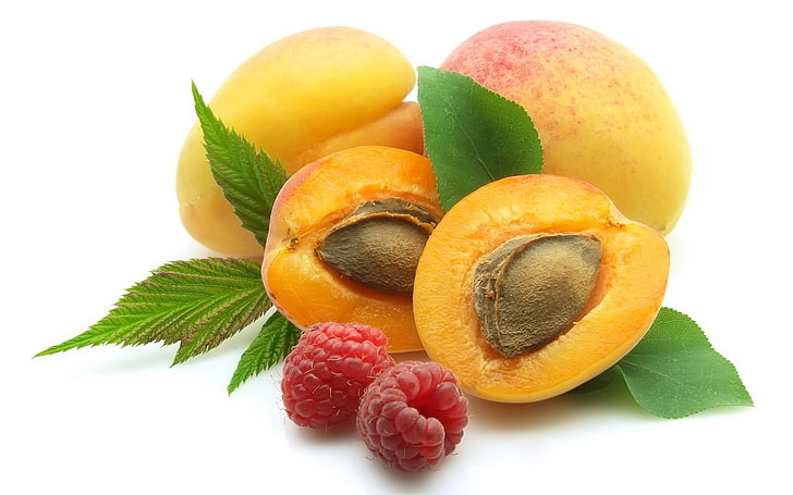 framboise et orange fruit, abricot, framboise, cailloux, moitiés, Fond d'écran HD