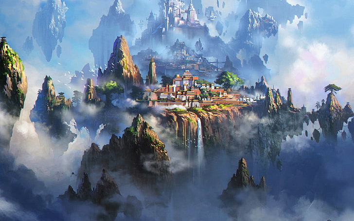 cloud, town, fantasy, anime, liang, xing, illustration, art, HD wallpaper