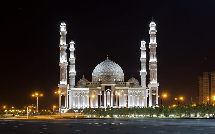 Astana Hazrat Sultan Mosque, biały meczet, meczet kazachstanu, meczet astana, meczet muzułmański, kościół, Tapety HD