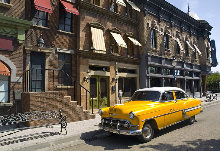 classic yellow and white vehicle, road, auto, the city, street, building, home, taxi, yellow, all, close., HD wallpaper
