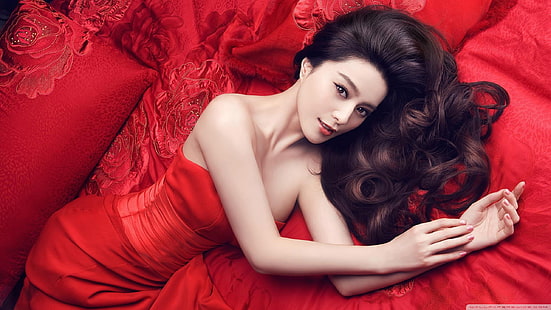 robe rouge pour femmes, robe rouge, asiatique, cheveux foncés, femmes, robe, modèle, cheveux longs, Fond d'écran HD HD wallpaper