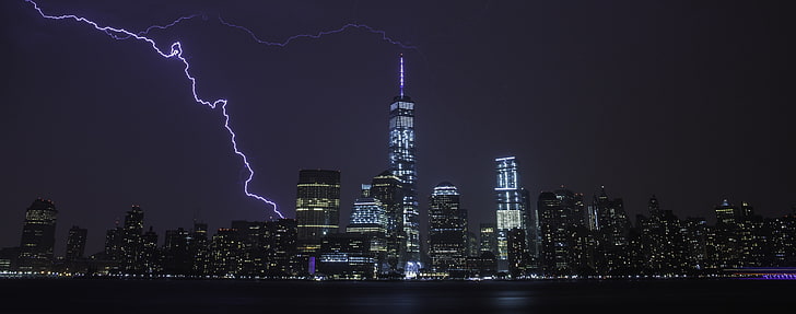 New York City Lightning, Stati Uniti, New York, Luci, Città, Buio, Notte, Fulmine, Tempo, Manhattan, Grattacieli, Skyline, newyork, newyorkcity, worldtradecenter, oneworldtrade, Sfondo HD