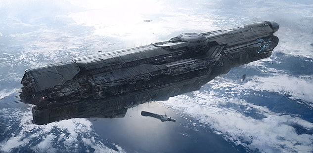 graues Schlachtschiff, fliegendes Schlachtschiff, das über der Erde schwebt, Halo, Raumschiff, Halo 4, UNSC Infinity, Videospiele, digitale Kunst, HD-Hintergrundbild HD wallpaper