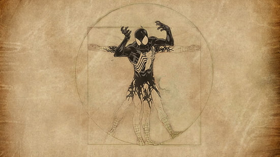 vitruvius Venom, Örümcek Adam, Venom, Vitruvius Adamı, çizgi roman, sanat eseri, basit arka plan, bej, HD masaüstü duvar kağıdı HD wallpaper