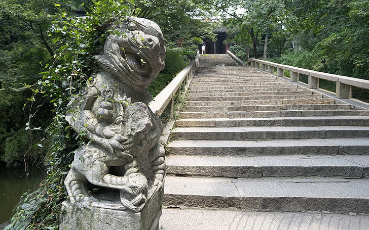 gray concrete animal statue, stairs, sculpture, pass, nature, china, HD wallpaper
