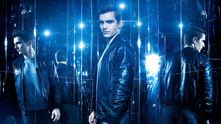 men's black zip-up jacket, reflection, blue, jacket, mirror, poster, Dave Franco, Now You See Me 2, The illusion of deception 2, HD wallpaper
