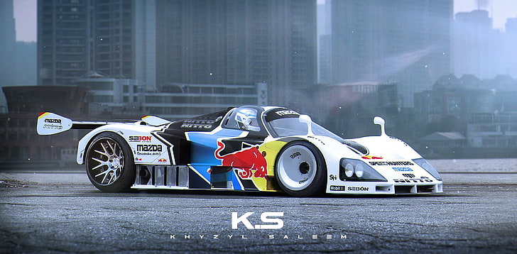 white and black RC car, Khyzyl Saleem, mazda 787b, Mazda, race cars, artwork, render, Red Bull, HD wallpaper
