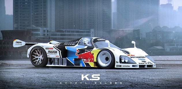 biało-czarny samochód RC, Khyzyl Saleem, mazda 787b, Mazda, samochody wyścigowe, grafika, render, Red Bull, Tapety HD HD wallpaper