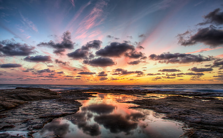 La Jolla Reflection, gray clouds, United States, California, Pacific, Ocean, Nature, Shore, Seascape, HD wallpaper