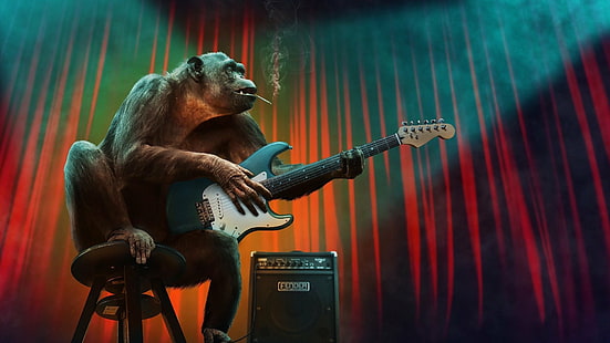 Humor, djur, schimpans, rolig, gitarr, apa, primat, rökning, HD tapet HD wallpaper
