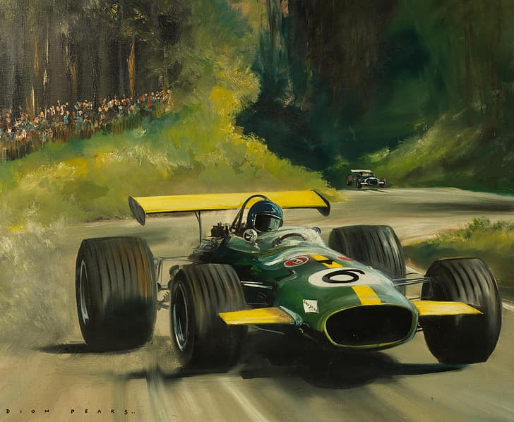 formula cars, painting, oil painting, Jacky Ickx, Brabham BT26, Dion Pears, artwork, HD wallpaper