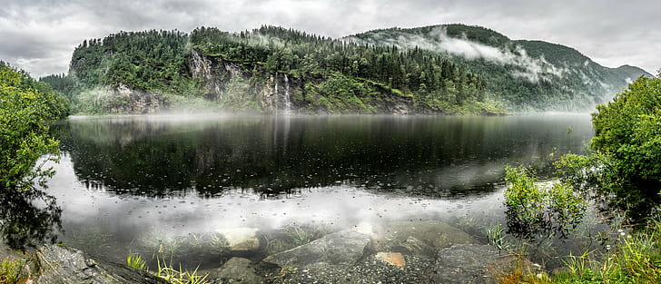 green trees in mountain beside body of water, norway, norway, Norway, Landscape, travel photography, green, trees, mountain, body of water, cliff, clouds, europe, full frame, geotagged, rain, reflection, reflections, rocks, sky, sony a7, fe, ultra, weather, Hordaland, nature, forest, water, scenics, outdoors, lake, river, summer, waterfall, green Color, beauty In Nature, HD wallpaper