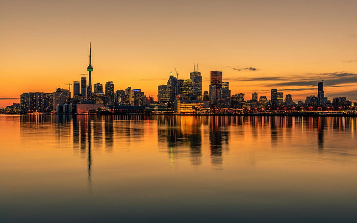 sunset, reflection, skyline, Canada, Toronto, water, cityscape, HD wallpaper