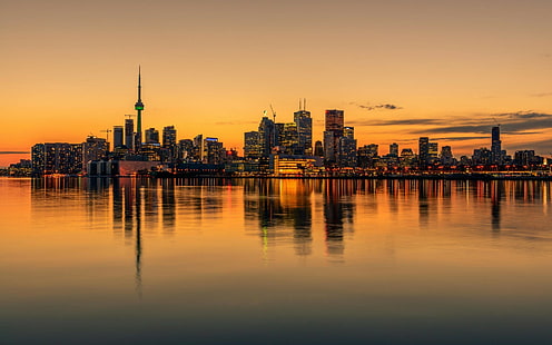 pôr do sol, reflexão, linha do horizonte, Canadá, Toronto, água, paisagem urbana, HD papel de parede HD wallpaper