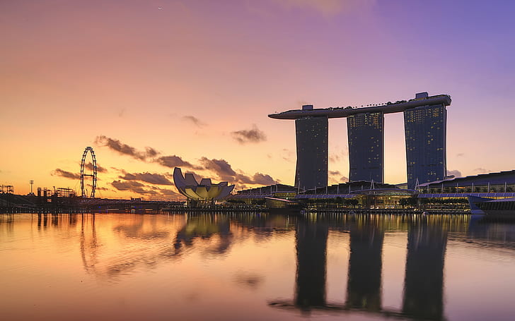 Ruota panoramica HD di tramonto di Singapore, tramonto, paesaggio urbano, ruota, ferris, Singapore, Sfondo HD
