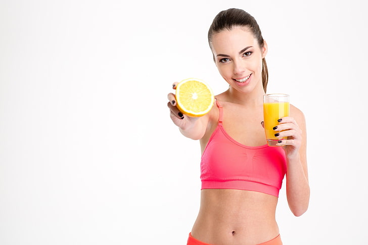 modelo de fitness, fruta, unhas pintadas, fundo branco, sorridente, mulheres, copo de água, modelo, HD papel de parede