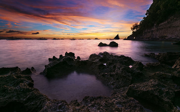 Sunset Coastal Seascape, coucher de soleil, paysage marin, côtier, Fond d'écran HD