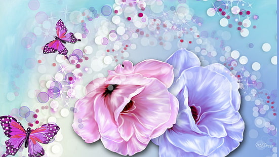 夏の歌、2匹の紫色の蝶。ピンクと青のバラ、ポピー、花、ピンク、春、散布、青、ボケ、蝶、夏、自然と風景、 HDデスクトップの壁紙 HD wallpaper