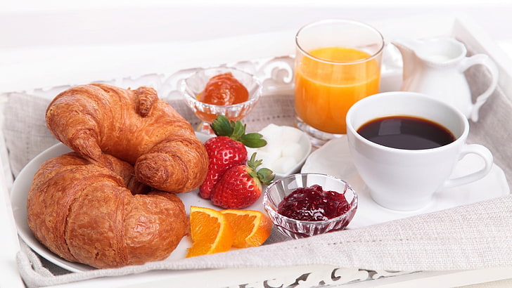 two croissants with strawberries, croissants, tea, food, breakfast, strawberries, HD wallpaper