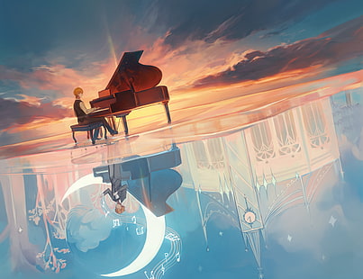 аниме момчета, пиано, музика, небе, HD тапет HD wallpaper