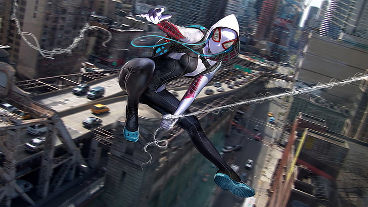 Fond d'écran Spider-Gwen, sans titre, Spider Gwen, paysage urbain, araignée, Spider-Man, flou de mouvement, Spider-Gwen, Fond d'écran HD