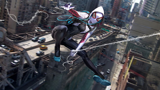 Fond d'écran Spider-Gwen, sans titre, Spider Gwen, paysage urbain, araignée, Spider-Man, flou de mouvement, Spider-Gwen, Fond d'écran HD HD wallpaper
