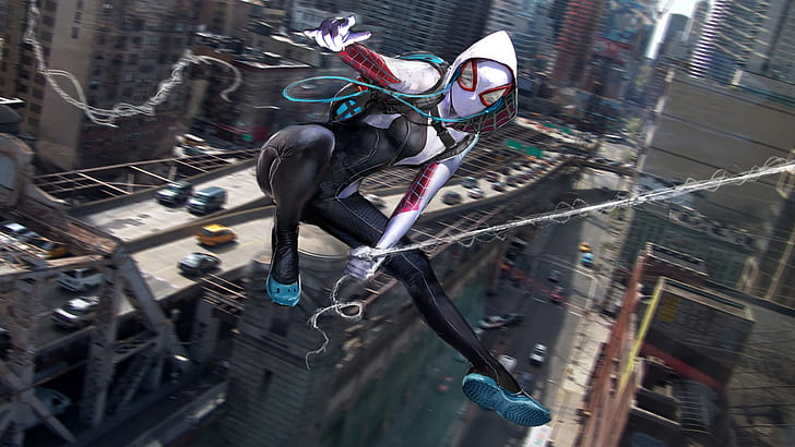Spider-Man, laba-laba, Spider-Gwen, cityscape, motion blur, Spider Gwen, Wallpaper HD