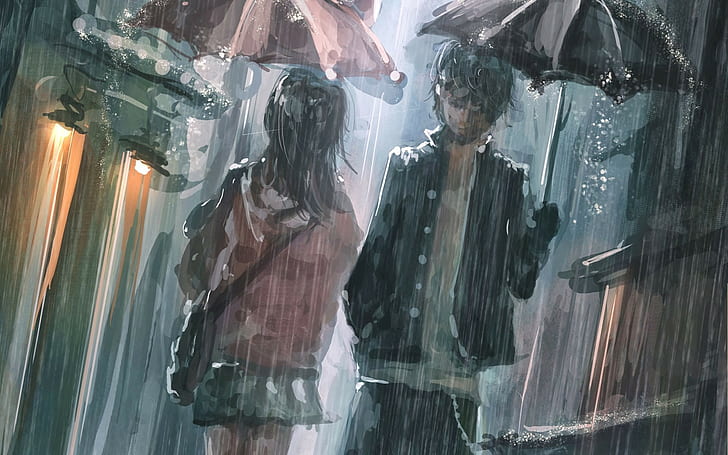 chicos de anime, paraguas, ilustraciones, anime, lluvia, calle, Fondo de pantalla HD