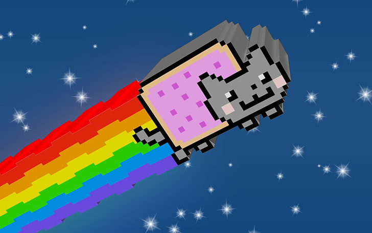 القط الطائر مع خلفية قوس قزح الرقمية ، Nyan Cat ، 3D، خلفية HD