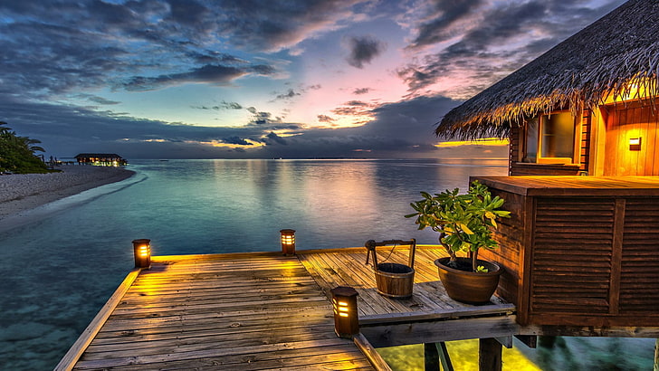 nature, ciel, réflexion, eau, nuage, recours, tropiques, coucher de soleil, mer, crépuscule, loisirs, horizon, maldives, romantique, Fond d'écran HD