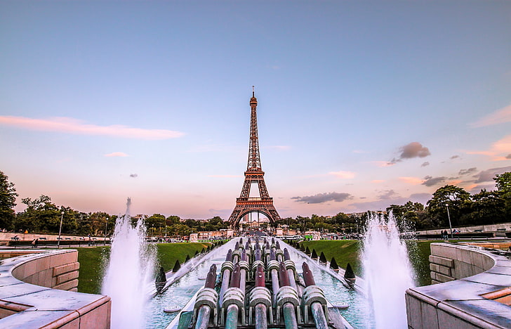 Айфелова кула, Париж, Айфелова кула, Париж, златна вечер, Франция, фонтан, HD тапет