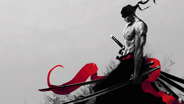 man holding katana illustration, One Piece, Zorro, Roronoa Zoro, katana, selective coloring, fan art, HD wallpaper