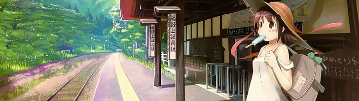 braunes behaartes Mädchen, das Eiscreme-Anime-Tapete, weiche Schattierung, Bahnhof, Sonnenhüte, Anime, Anime-Mädchen isst, HD-Hintergrundbild