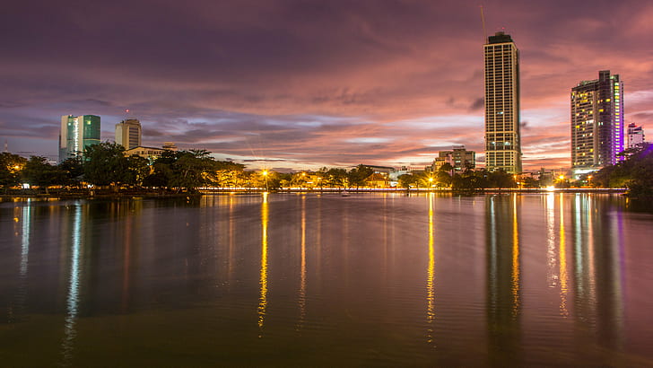 foto kota, Danau Beira, Senja, foto, kota, matahari terbenam, colombo, srilanka, danau beira, malam, berawan, malam, pemandangan kota, cakrawala kota, refleksi, arsitektur, gedung pencakar langit, pusat kota, adegan perkotaan, sungai, Wallpaper HD