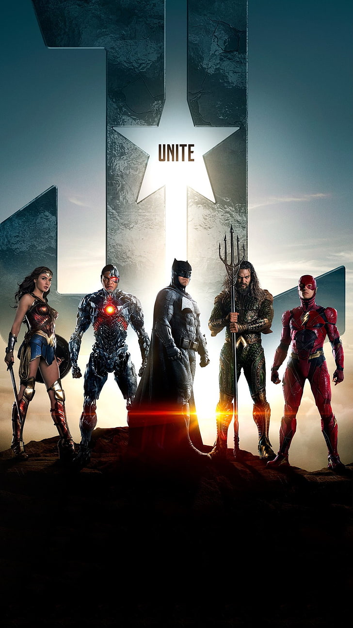 affichage de portraits, Justice League (2017), Batman, Wonder Woman, Flash, Aquaman, Cyborg (DC Comics), Fond d'écran HD, fond d'écran de téléphone