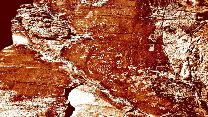 brown rock formation, canyon, stones, wall, drawings, writing, message, history, HD wallpaper