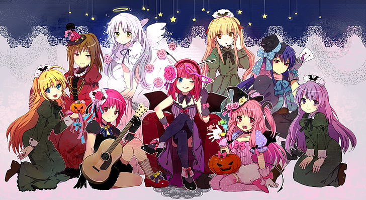 angel, angels, beats, blondes, blue, brown, brunettes, car, chairs, dress, eyes, green, guitars, hair, halloween, head, highs, kanade, long, mouth, open, pink, playing, purple, red, short, sitting, tachibana, thigh, twintails, wings, yellow, HD wallpaper