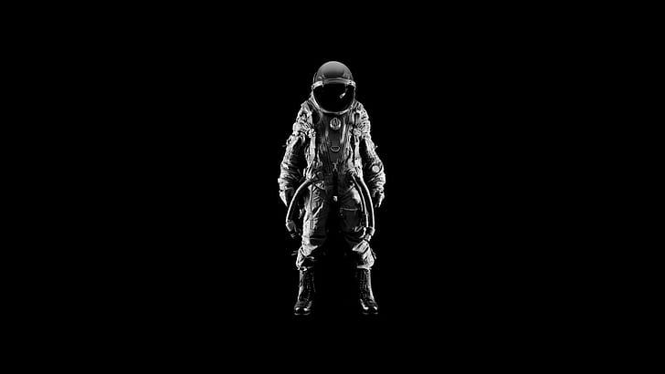 digital konst svart bakgrund minimalism astronaut hjälm rymddräkt monokroma stövlar, HD tapet