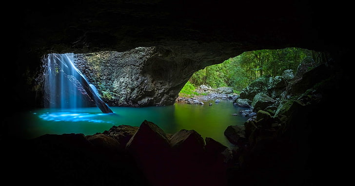 photographie, paysage, ombre, cascade, étang, roches, lumière du jour, eau, arbres, grotte, nature, turquoise, Australie, Fond d'écran HD